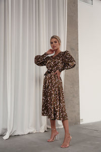 Puff Sleeve Midi Dress Brown-baagr.myshopify.com-dress.-BOJONI