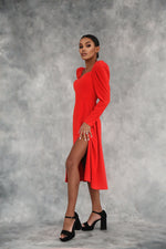 Load image into Gallery viewer, Polka Dot Midi Dress with Lantern Sleeves and Slit Red-baagr.myshopify.com-dress.-BOJONI
