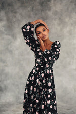 Load image into Gallery viewer, Floral Puff Sleeve Midi Dress-baagr.myshopify.com-dress.-BOJONI
