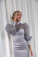 Load image into Gallery viewer, Satin Bodycon Dress with Organza Sleeves Gray-baagr.myshopify.com-dress.-BOJONI
