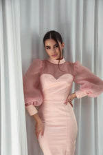 Load image into Gallery viewer, Satin Bodycon Dress with Organza Sleeves Pink-baagr.myshopify.com-dress.-BOJONI
