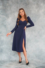 Load image into Gallery viewer, Polka Dot Midi Dress with Lantern Sleeves and Slit Navy Blue-baagr.myshopify.com-dress.-BOJONI

