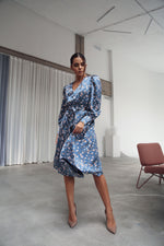 Load image into Gallery viewer, Puff Sleeve Midi Dress Blue-baagr.myshopify.com-dress.-BOJONI
