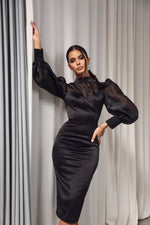 Load image into Gallery viewer, Satin Bodycon Dress with Organza Sleeves Black-baagr.myshopify.com-dress.-BOJONI
