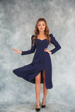 Load image into Gallery viewer, Polka Dot Midi Dress with Lantern Sleeves and Slit Navy Blue-baagr.myshopify.com-dress.-BOJONI
