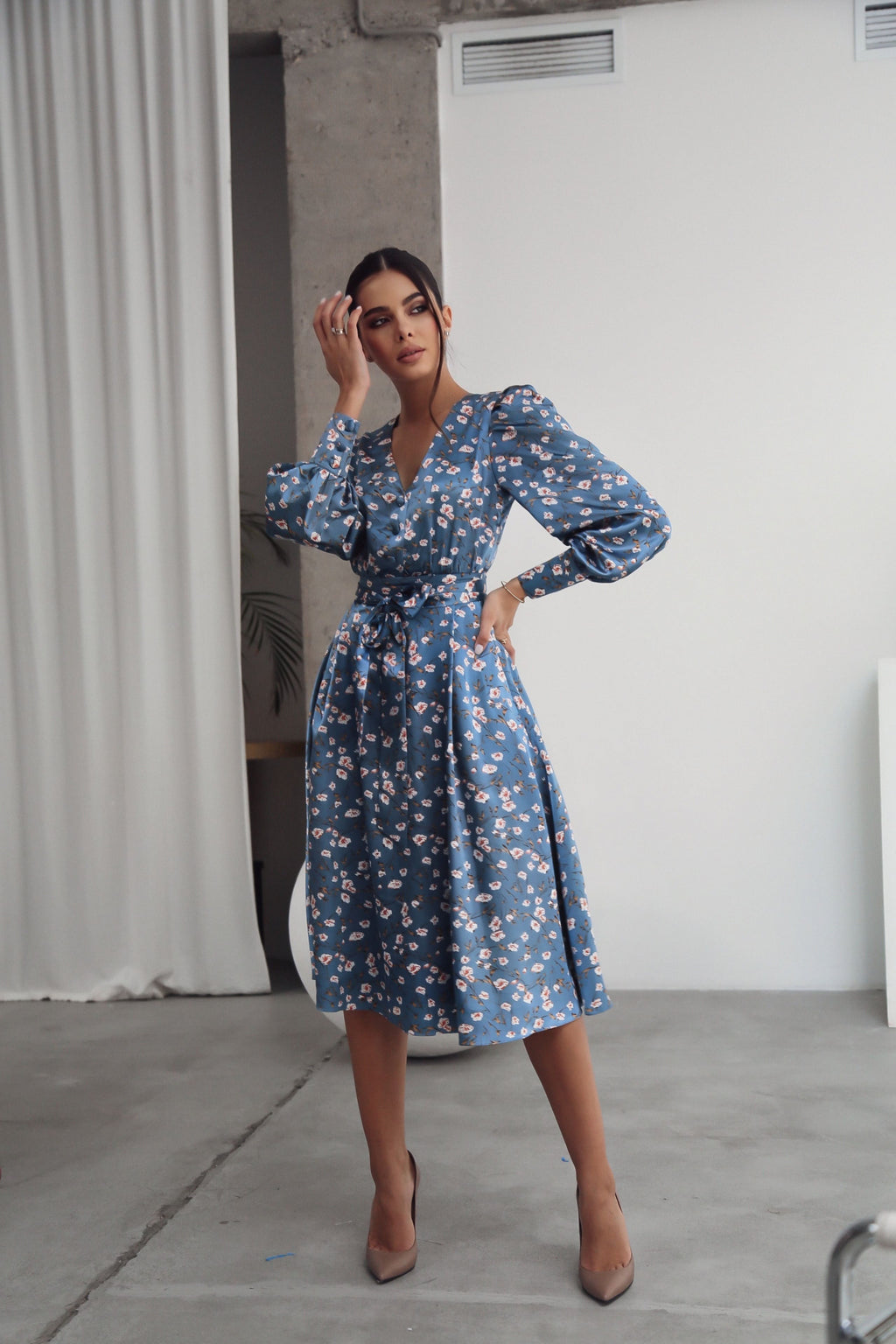 Puff Sleeve Midi Dress Blue-baagr.myshopify.com-dress.-BOJONI