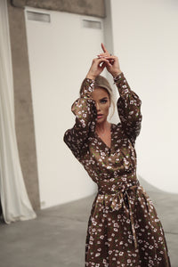 Puff Sleeve Midi Dress Brown-baagr.myshopify.com-dress.-BOJONI