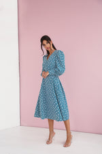 Load image into Gallery viewer, Polka Dot Midi Dress with Puffy Sleeves-baagr.myshopify.com-dress.-BOJONI
