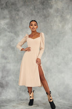 Load image into Gallery viewer, Polka Dot Midi Dress with Lantern Sleeves and Slit-baagr.myshopify.com-dress.-BOJONI
