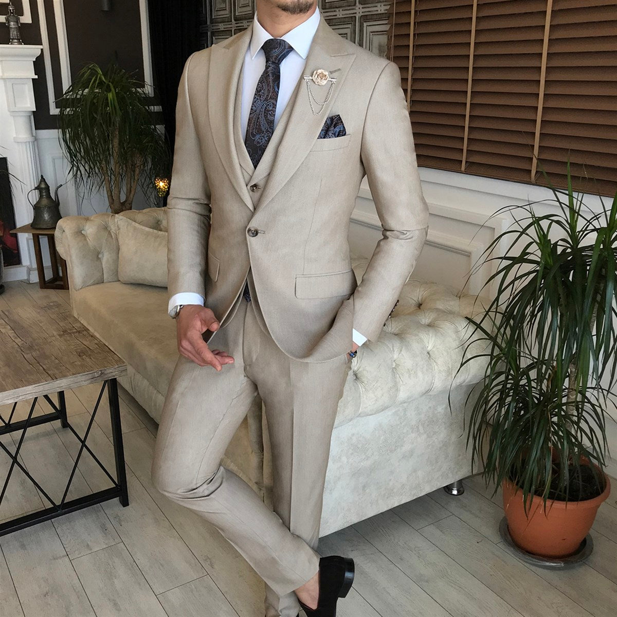 Crespo Men's Tan Slim Fit Italian Styled Two Piece Suit 