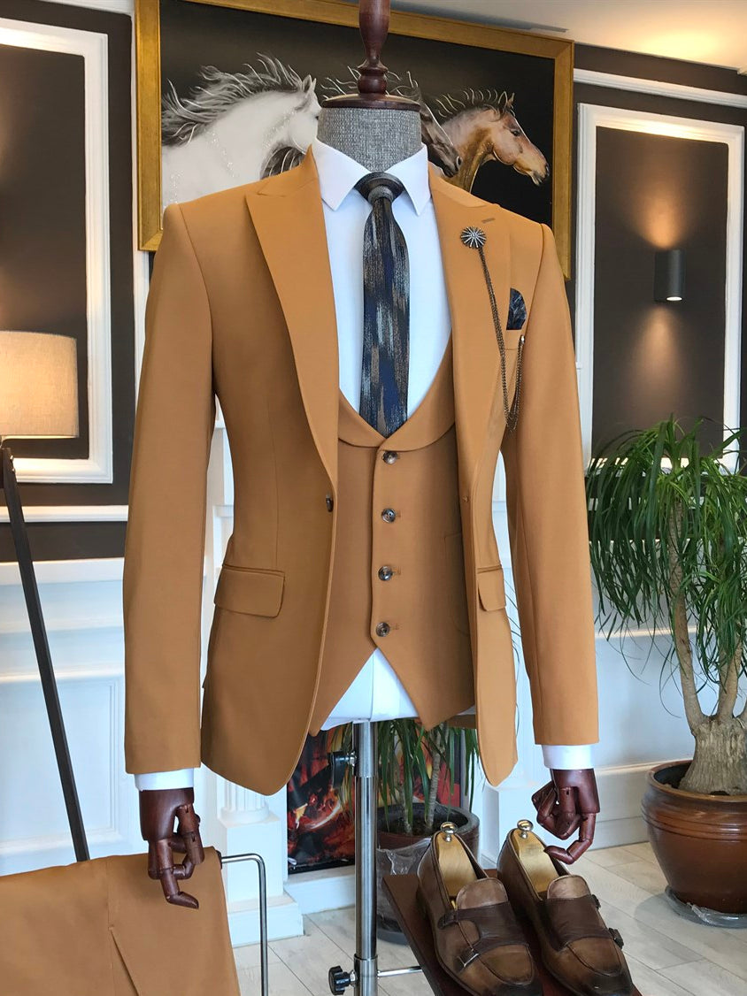 Light Brown 3-piece Pants Suits, Brown Formal Suits With Blazer